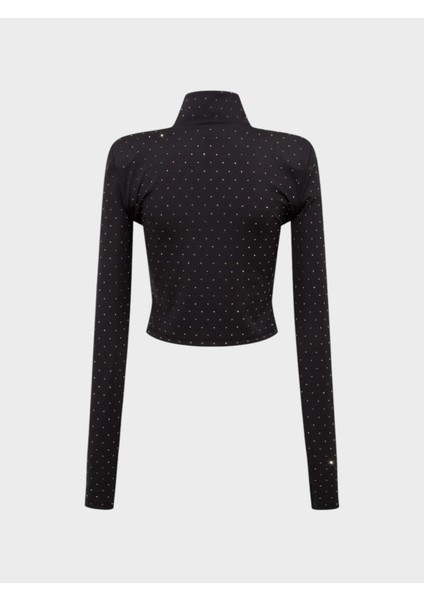 Taş Baskılı Boğazlı Crop Bluz - Siyah