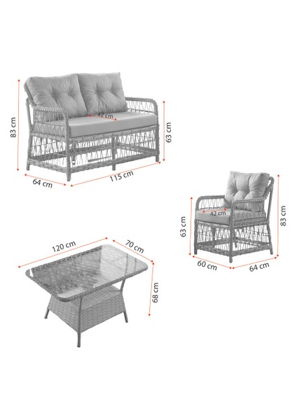 Breda Rattan Örgü Bahçe Balkon Takımı 2+1+1 Cam Masalı Gri