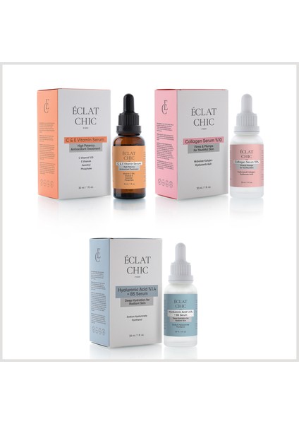 C&e Vitamin, Collagen ve Hyaluronic Acid Serum 3'lü Cilt Bakım Seti