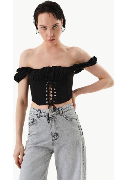 Düşük Kol Detaylı Büzgülü Büstiyer - Siyah