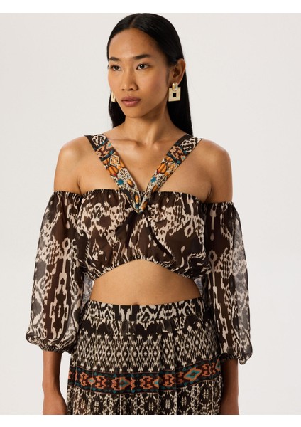 Düşük Omuzlu Fonksiyonel Bağlamalı Crop Bluz - Afrika Desenli