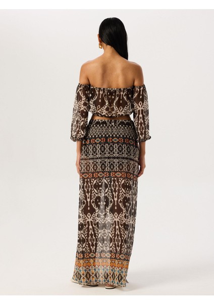 Düşük Omuzlu Fonksiyonel Bağlamalı Crop Bluz - Afrika Desenli indirimleri