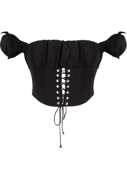 Düşük Kol Detaylı Büzgülü Büstiyer - Siyah fırsatları