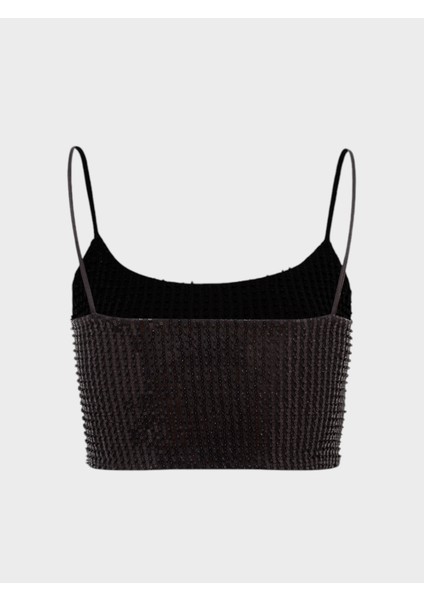 Ince Askılı Payetli Crop Bluz - Siyah modelleri