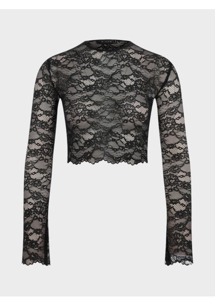 Bisiklet Yakalı Uzun Kollu Dantel Crop Bluz - Siyah fiyatları