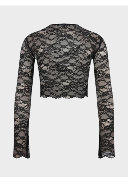 Bisiklet Yakalı Uzun Kollu Dantel Crop Bluz - Siyah modelleri