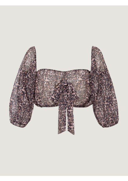 Düşük Omuzlu Fonksiyonel Bağlamalı Crop Bluz -Leopar Desenli