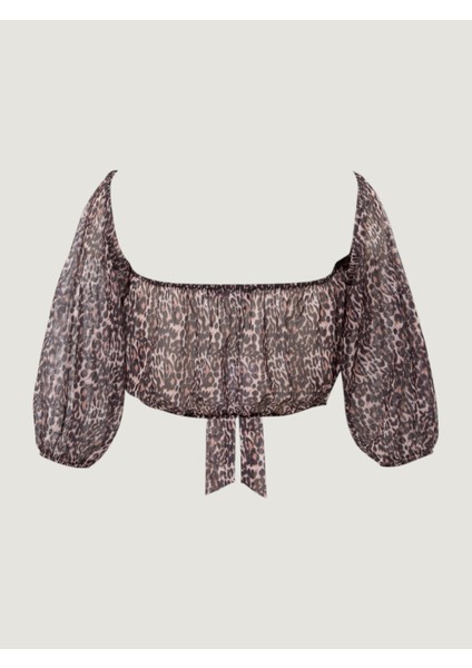 Düşük Omuzlu Fonksiyonel Bağlamalı Crop Bluz -Leopar Desenli
