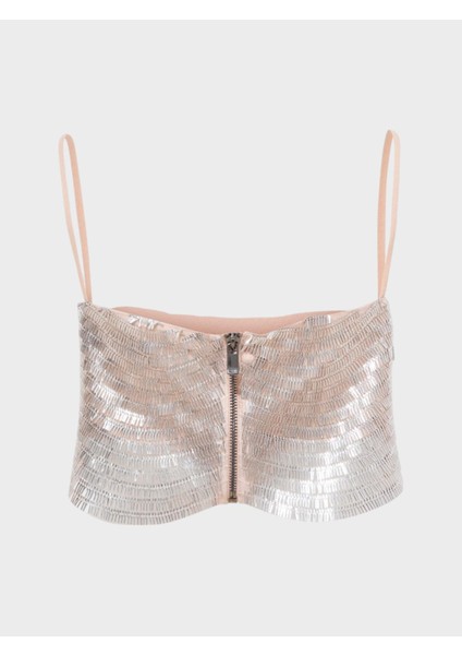 Askılı Boru Pullu Kısa Crop Şık Bluz - Gümüş fiyatları