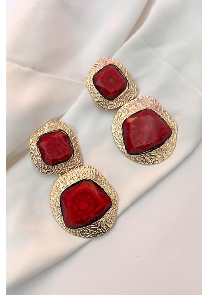 Kare Bordo Sallantılı Kadın Küpe