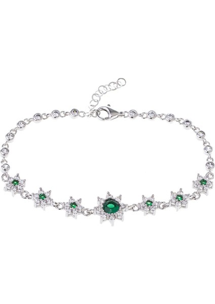 Yeşil Zirkon Taşlı Çiçek Model 925 Ayar Gümüş Kadın Bileklik