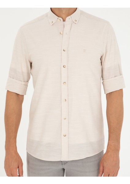 Erkek Bej Slim Fit Keten Görünümlü Gömlek 50252491-VR011