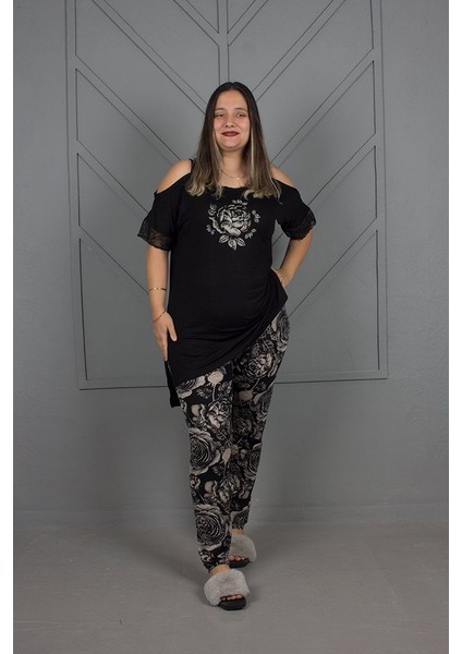 Büyük Beden Omuz Detaylı Pijama Takım