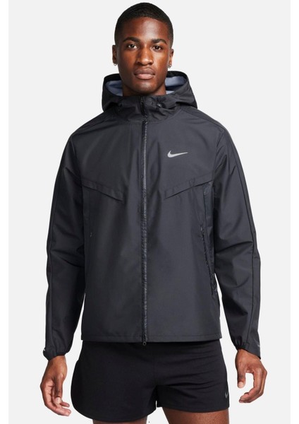 Running Storm Fit Windrunner Hoodie Jacket Erkek Su Itici Kapüşonlu Reflektörlü Yürüyüş Koşu Ceketi Siyah