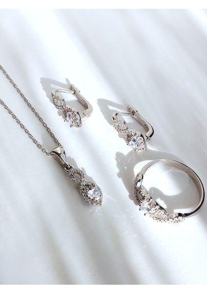 Gümüş Sonsuz Kalp Tasarım Zarif Set Kadın Kolye Küpe Yüzük No:19 Doğum Günü Hediye