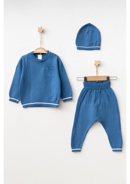 Cepli Örgü Şeritli Şapkalı Triko Takım 4034