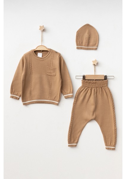 Cepli Örgü Şeritli Şapkalı Triko Takım 4034