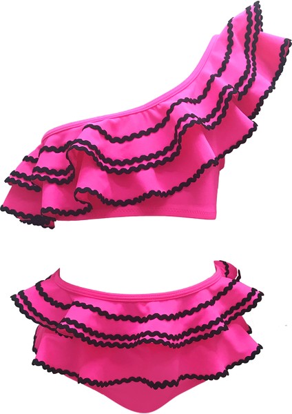 Tek Omuz Su Taşı Detaylı Büyük Fırfırlı Pembe 50UV Kız Çocuk Bikini Takımı By Nessi Byrd fiyatları
