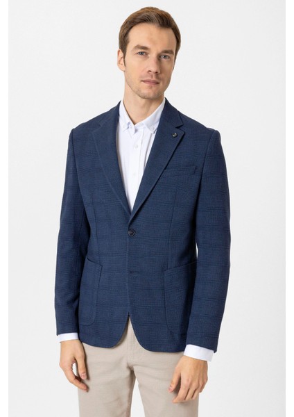 Dar Kalıp Armür Desenli Lacivert Tek Ceket