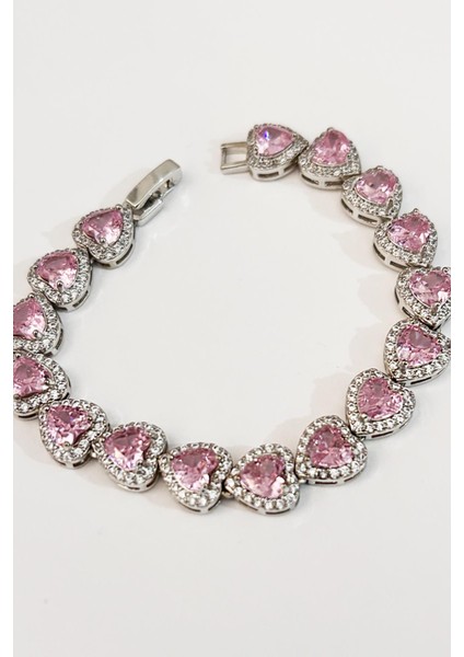 Zirkon Pembe Taşlı Kalp Gümüş Vıp Suyolu Bileklik modelleri