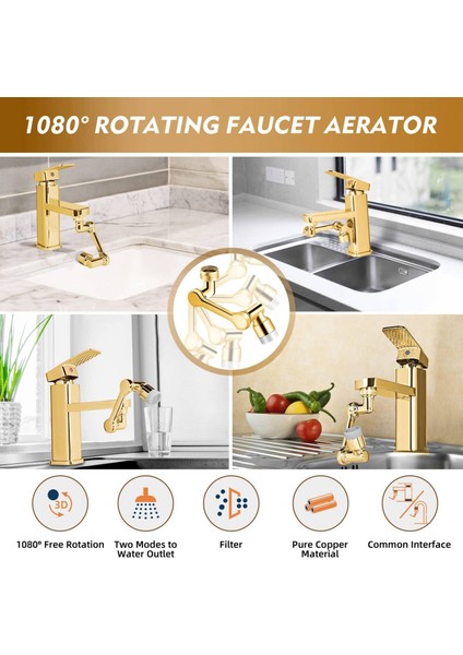 1080° Evrensel Döndürme Musluk Püskürtücüsü Çift Atık Su Lavabo Mutfak Robot Kolu Uzatma Muslukları Altın (Yurt Dışından) fırsatları