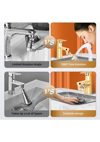 1080° Evrensel Döndürme Musluk Püskürtücüsü Çift Atık Su Lavabo Mutfak Robot Kolu Uzatma Muslukları Altın (Yurt Dışından) indirimleri