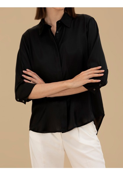 Kadın Siyah Comfort Fit Saten Gömlek 50262890-VR046