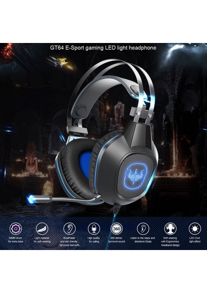 Ovleng GT64 Kablolu Oyun Kulaklığı Kulak Üstü E-Spor Kulaklık Harika Aydınlatma Usb+3.5mm Mikrofonlu Kulaklık-Siyah/mavi (Yurt Dışından)