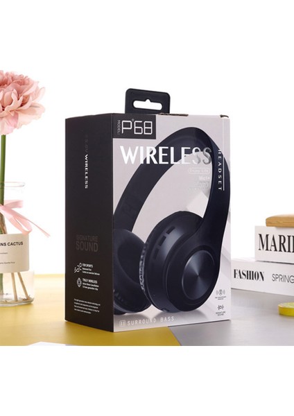 P68 Macaron Style Bluetooth 5.0 Katlanabilir Kablosuz Kulak Üstü Kulaklık Kulaklık Kulaklık-Siyah (Yurt Dışından)