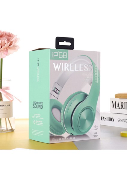 P68 Macaron Style Bluetooth 5.0 Katlanabilir Kablosuz Kulak Üstü Kulaklık Kulaklık Kulaklık-Yeşil (Yurt Dışından)