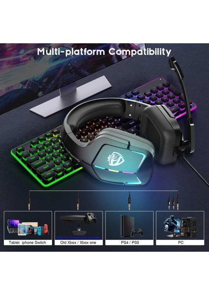 Soulbytes S12 USB + 3.5mm Kablolu Kulak Üstü Oyun Kulaklığı Rgb LED Işık Ayarlanabilir Mikrofon ile Profesyonel E-Spor Kulaklık (Yurt Dışından)