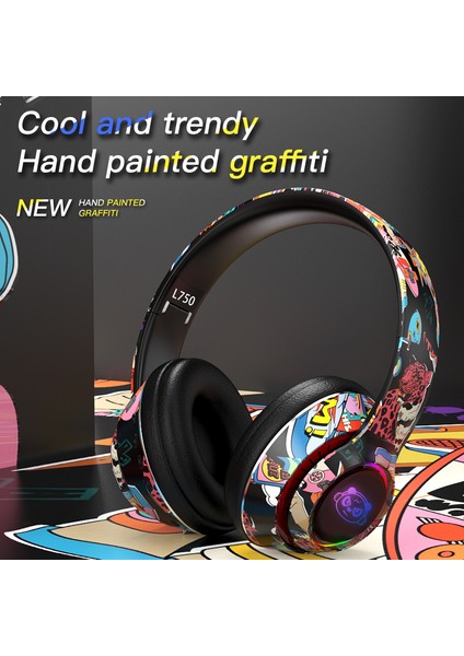 L750 Bluetooth Kulaklık LED Işıklı Serin Graffiti Kulaklık Kulaklık Desteği Tf Kart / Cep Telefonu Bilgisayar Dizüstü Bilgisayar Için 3.5mm Ses Kablolu-Siyah (Yurt Dışından)