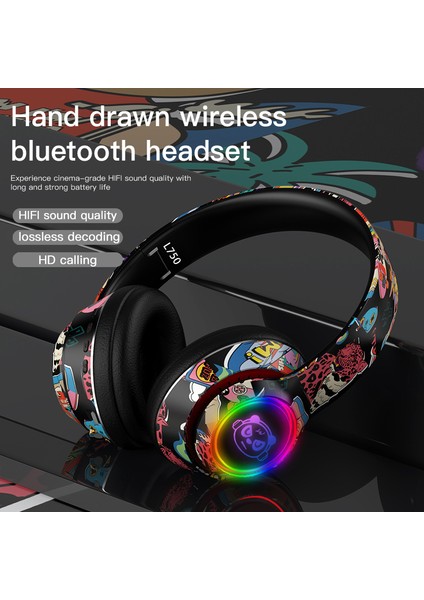 L750 Bluetooth Kulaklık LED Işıklı Serin Graffiti Kulaklık Kulaklık Desteği Tf Kart / Cep Telefonu Bilgisayar Dizüstü Bilgisayar Için 3.5mm Ses Kablolu-Siyah (Yurt Dışından)