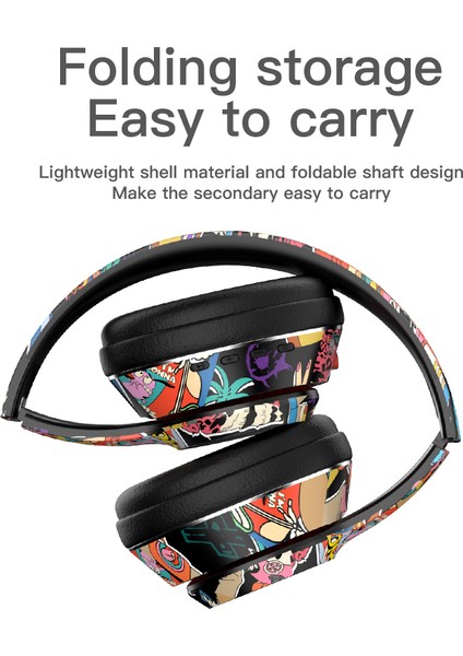 L750 Bluetooth Kulaklık LED Işıklı Serin Graffiti Kulaklık Kulaklık Desteği Tf Kart / Cep Telefonu Bilgisayar Dizüstü Bilgisayar Için 3.5mm Ses Kablolu-Siyah (Yurt Dışından)