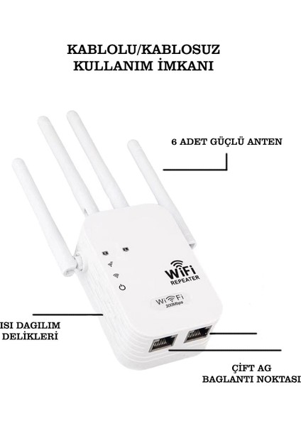 6 Antenli Wifi Repeater Sinyal Güçlendirici Access Point 300MBPS Kablosuz Kolay Kurulum Repeater