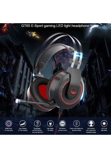 Ovleng GT65 E-Sport Gaming Headset Ps5/xbox One/akıllı Telefon/tablet Için LED Işıklı Kulaklık, Usb+3,5mm Fiş-Siyah/kırmızı (Yurt Dışından)