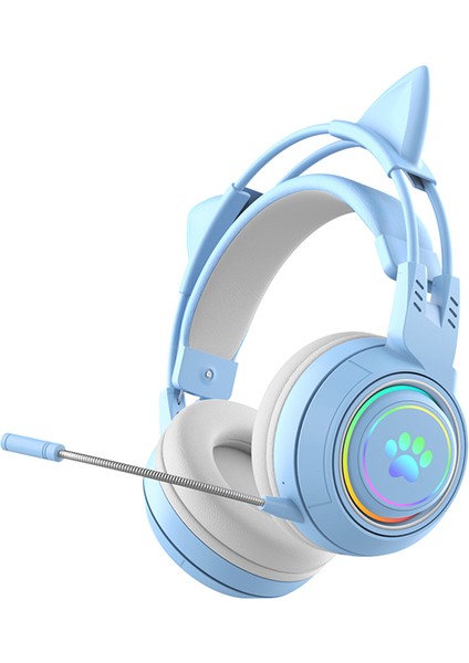 T25 Sevimli Kedi Kulakları Kulaklıklar Rgb Aydınlatma Ayrılabilir Mikrofonlu Bluetooth Kablosuz Kulaklık-Mavi (Yurt Dışından)