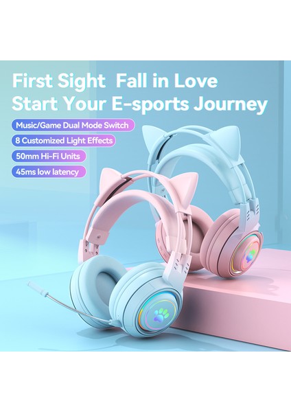 T25 Sevimli Kedi Kulakları Kulaklıklar Rgb Aydınlatma Ayrılabilir Mikrofonlu Bluetooth Kablosuz Kulaklık-Mavi (Yurt Dışından)