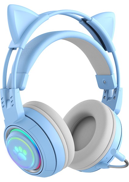 T25 Sevimli Kedi Kulakları Kulaklıklar Rgb Aydınlatma Ayrılabilir Mikrofonlu Bluetooth Kablosuz Kulaklık-Mavi (Yurt Dışından)