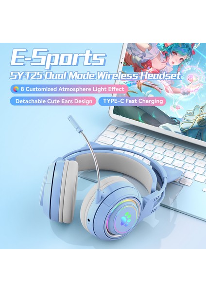 T25 Sevimli Kedi Kulakları Kulaklıklar Rgb Aydınlatma Ayrılabilir Mikrofonlu Bluetooth Kablosuz Kulaklık-Mavi (Yurt Dışından)