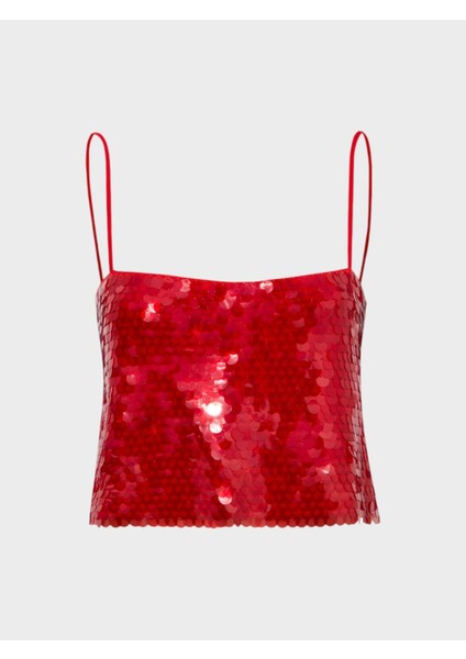 Ip Askılı Pullu Crop Bluz - Kırmızı