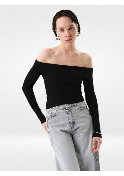 Kayık Yaka Uzun Kol Body - Siyah