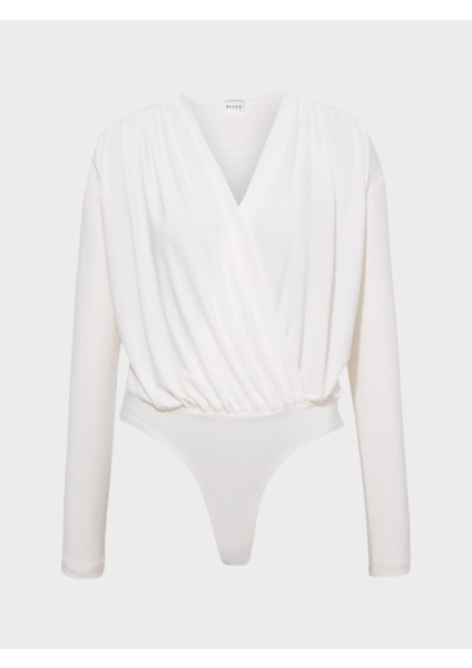 V Yakalı Büzgülü Uzun Kollu Body - Ekru