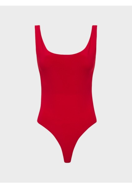 Yuvarlak Yaka Kesimli Askılı Body - Kırmızı