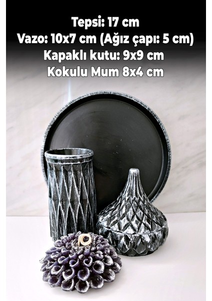 Minimal Gümüş-Siyah Vazo Yuvarlak Tepsi Çiçek Formlu Kokulu Mum Şık Bir Kutu Içeren Dekorasyon Seti indirimleri