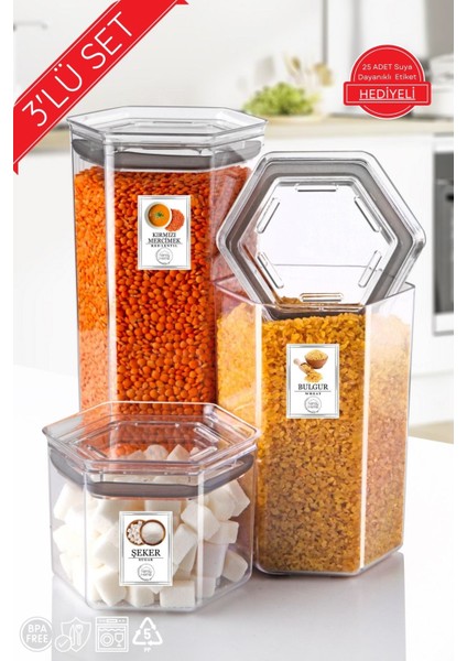 3'lü Set Etiketli, Silikon Contalı Altıgen Erzak Saklama Kabı Seti