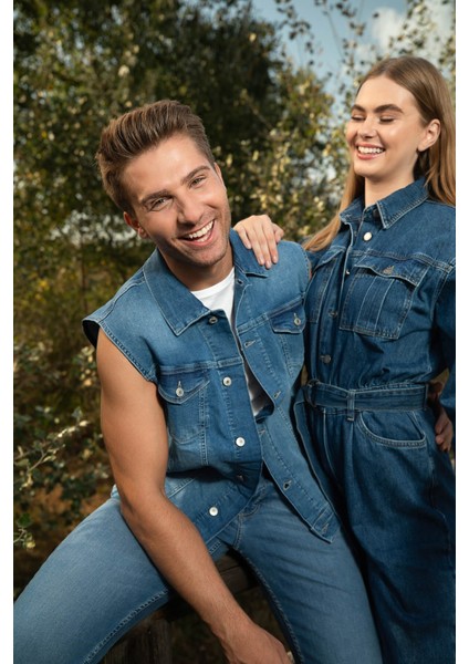 Erkek Düğmeli Jean Yelek