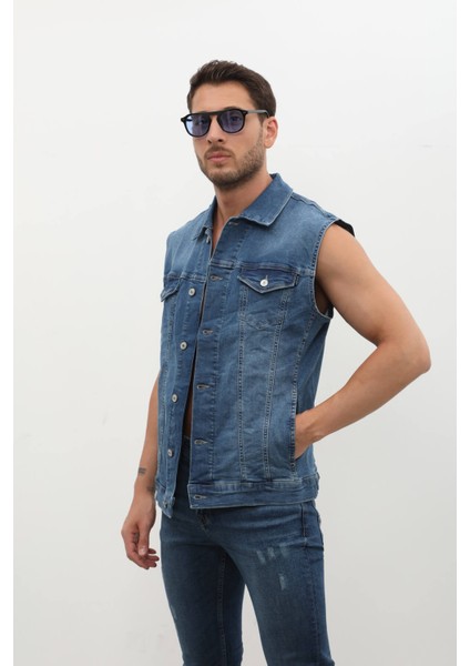 Erkek Düğmeli Jean Yelek