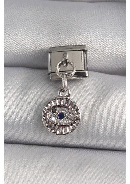 316L Çelik Gümüş Renk Sallantı Zirkon Taşlı Göz Model Nomination Charm - TJ-BC1157