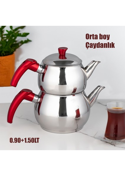 Dayanıklı Orta Boy Paslanmaz Çelik Çaydanlık 0.90+1.50lt Çaydanlık Takımı